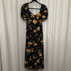 Blu Pepper Black Midi Dress with Yellow Floral Pattern
